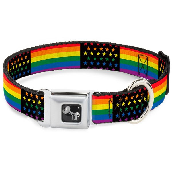 Dog Collar Seatbelt Buckle Flag American Pride Rainbow Black 15 to 26 Inches 1.0 Inch Wide