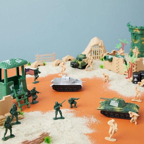 Juvale 100-Piece Army Men Toy Soldiers Playset for Boys – Small Plastic Action Figures, Military Battlefield Fort Accessories, Tanks