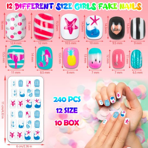 240 Pieces Fake Nails for Kids Girls Artificial Kids Press on Nails Pre Glue Full Cover Short Acrylic Stick On Nails False Nail Tips Kit for Children Little Girls Nail Art Decoration (Lovely)