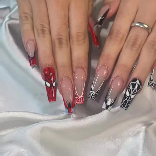 Halloween Spider Web Fake Nails Halloween Press on Nails Long False Nails with Glue Black and Red Spider Acrylic Full Cover Glossy Glue on Nails French Press on Halloween Nails for Women Girls 24PCS