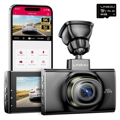 LD02 5K 5G WiFi Dash Cam with Free 64GB SD Card, 3" IPS Screen 150° WDR IR Night Vision 24H Parking Mode Dashcam for Car, Build-in GPS G-Sensor, Max Up Support to 128GB TF Card, Easy to Install