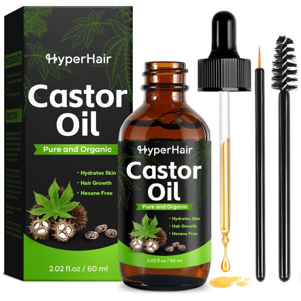 HyperHair Organic Castor Oil,Cold Pressed Unrefined For Hair, Eyelashes, Eyebrow Growth, Essential Oil, Massage Oil, Hair Nourishing Oil, Deep Massage & Moisturizing For Body
