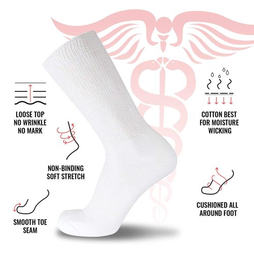 3 Pairs of Premium Cotton Loose Top Diabetic Neuropathy Crew Socks (10-13, Black)