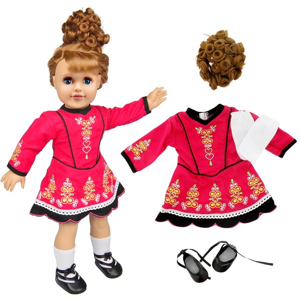 Irish Step Dancing Doll Outfit (4 Piece Set)- Premium Handmade Clothes and Accessories for All 18" Dolls -Costume Includes Dance Dress, Brunette Hairpiece, Gillies, & Leggings-Gift for Girls Birthdays