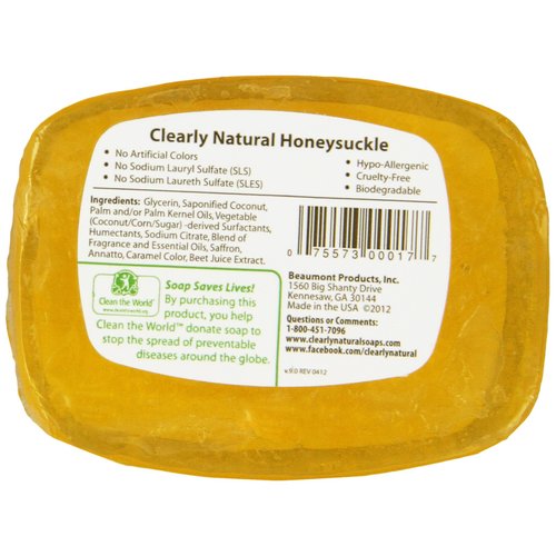 Clearly Natural, Glycerine Soap Bar, Honeysuckle, 4 oz