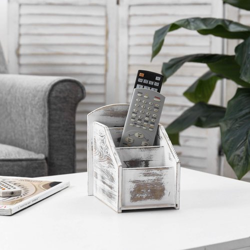 MyGift Whitewashed Wood Remote Control Holder Organizer Caddy with 3 Compartments, TV Remote Media Remote Storage Box for Living Room