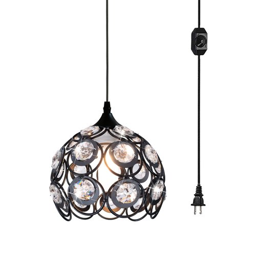 TISLYCO Plug in Crystal Pendant Light, Black Metal Mini Chandelier Light with 13.12ft Cord and On/Off Switch, Vintage Hanging Wall Light Fixture Plug in Hanging Lamp for Kitchen Bedroom
