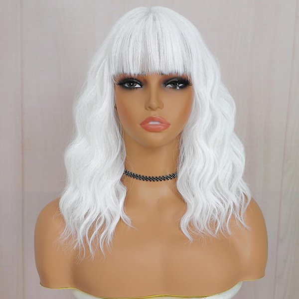 BEAUTIFA White Wig with Bangs for Women 14 Inch Shoulder Length White Wigs Short Bob Wavy Curly Wig Heat Resistant Synthetic Colorful Wig