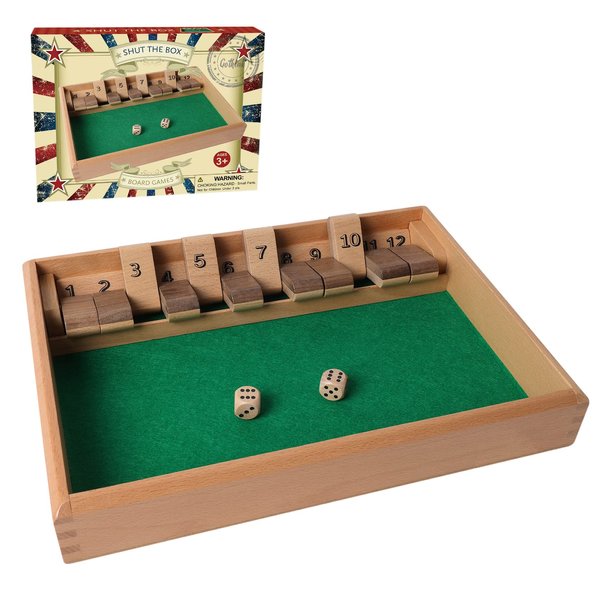 GOTHINK Shut The Box Wooden Board Dice Game - 12 Numbers Traditional Wooden Table Math Board Game with 2 Dice for Kids & Adults Classics Board Game Perfect for Family, Classroom, Home or Pub Bar