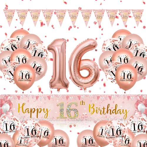 Sweet 16th Birthday Decorations for Girls, Rose Gold Sweet Happy 16th Banner Confetti Balloons, Triangle Flag Pennant Bunting,16th Foil Balloons for 16th Girls Kids Birthday Party Supplies Decor