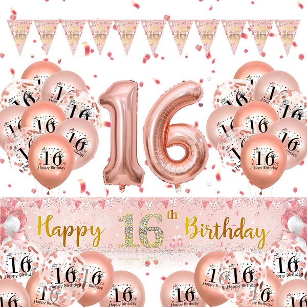 Sweet 16th Birthday Decorations for Girls, Rose Gold Sweet Happy 16th Banner Confetti Balloons, Triangle Flag Pennant Bunting,16th Foil Balloons for 16th Girls Kids Birthday Party Supplies Decor