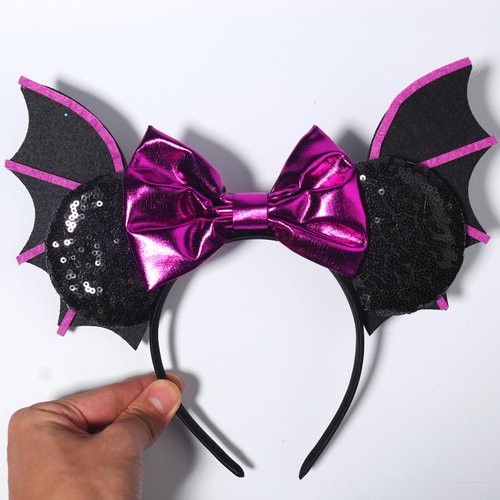 CIVFCRT Halloween Mouse Ears Headbands Purple Bat Purple Shiny Bows Mouse Ears Headbands Halloween Hair Decoration and Mouse Themed Party Supplies Costume Cosplay Decoration for Women(Bat)