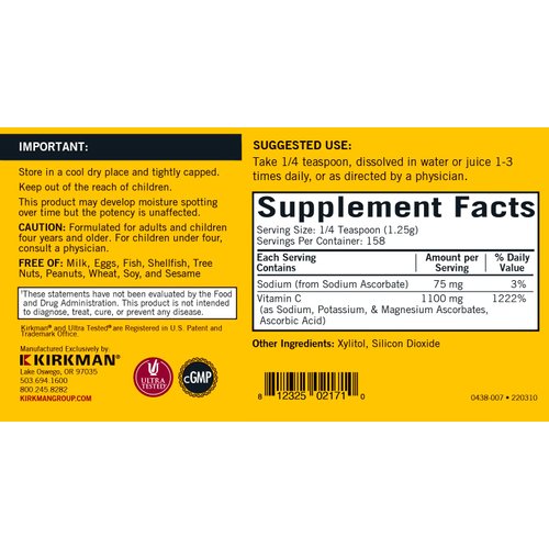 Kirkman - Buffered Vitamin C Powder - 7 oz - Potent Antioxidant - Supports Immune Health - Hypoallergenic