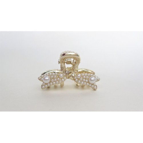 Generic Small bow ribbon pearl and gold metal hair claw clip bridal clip
