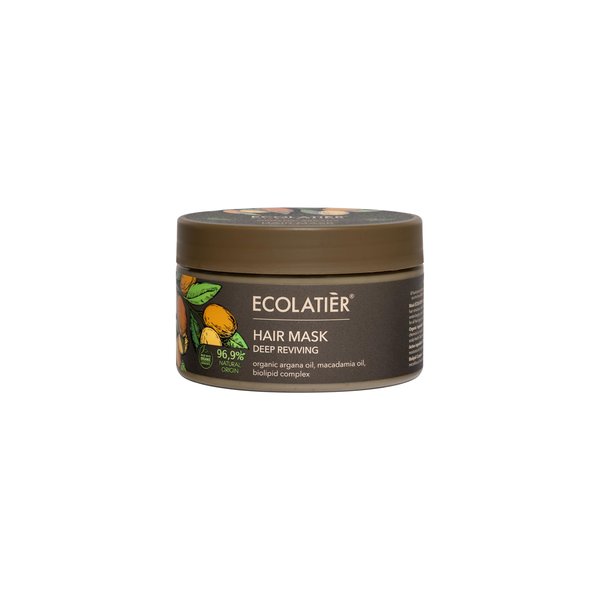 Organic Argana Oil Deep Reviving Hair Mask ECOLATIER - 96.9% Natural, Vegan Certified - Restores Shine with Argan & Macadamia Oils for Vibrant Hair - 8.5 Fl Oz