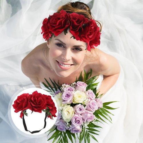 SOLUSTRE Christmas Flower Crown Headband Floral Wreath Red Crown Forest Woodland Wedding Headpiece Hair Wreath for Women Girl Gift Holiday (Red)