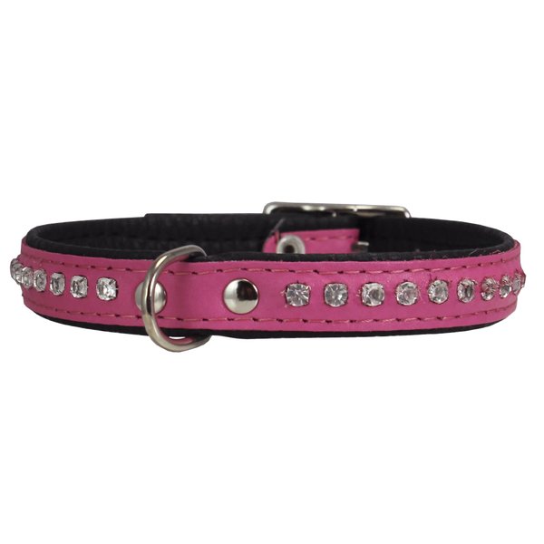 Dogs My Love Rhinestone Genuine Leather Dog Collar (Pink, 8"-9.5" Neck)