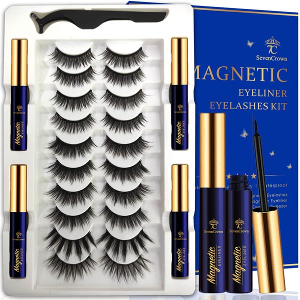 7C SevenCrown 3D Magnetic Eyelashes -10 Pairs High Volume Magnetic Lashes Natural Looking with 4 Tubes of Magnetic Eyeliner - Lightweight,Long Lasting,Reusable Faux Mink Lashes Easy to Apply