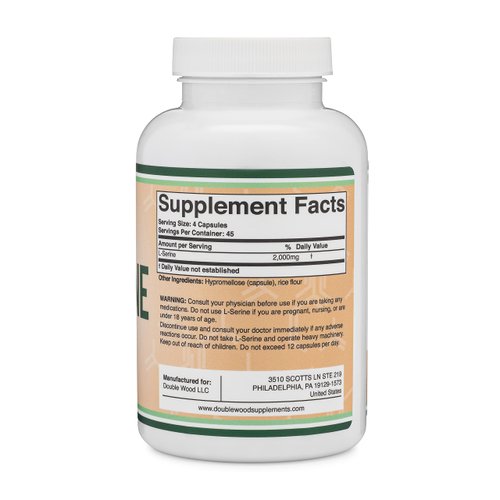 L-Serine Capsules (Third Party Tested) - 2,000mg Servings Used in Clinical Study, 180 Count, 500mg per Capsule (L Serine Amino Acid for Serotonin Production and Brain Support) by Double Wood