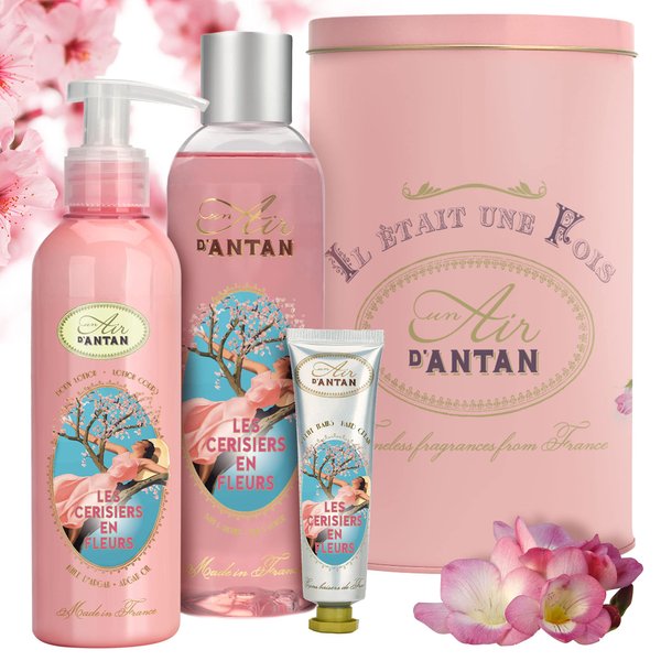 Un Air d'Antan Spa Gift Basket for Women 3-Piece French Bath Body Gift Set for Women: 1 Hand Cream, 1 Shower Gel, 1 Body Lotion Cherry Blossom Freesia-Birthday Gifts for Wife, Spa Gift Box for Women