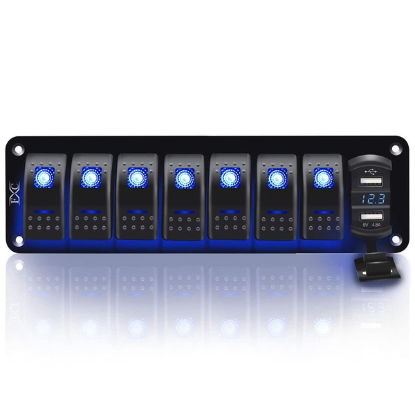 FXC Purishion 7 Gang Rocker Switch Aluminum Panel with Voltmeter & Dual USB(4.8 Amps) Fast Charging, Blue Backlit Led, Pre-Wired IP65 Waterproof for Marine, Boat, Car, Truck, Polaris, Jeep (Blue)