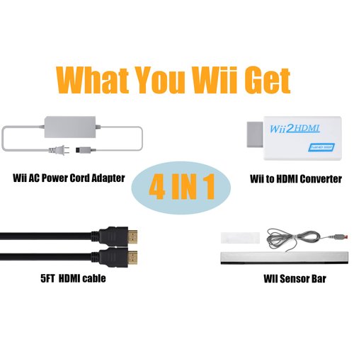 4 in 1 Wii to HDMI Adapter + Wii Power Cord AC Adapter + Wii Sensor Bar Wired Motion Sensor Bar + 5ft High Speed HDMI Cable Compatible with Nintendo Wii (Not for Wii U)