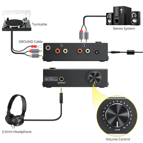 PROZOR Pre Amplifier for Turntable Audiophile M/M Phono preamp with Level Volume Controls 2 RCA and 3.5mm interfaces Including 12V 1A Power Adapter