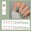 Vokupoga Cat Eye Press on Nails Almond Press on Nails Medium Fake Nails Green French Tip Acrylic False Nails with Flower Designs Glitter Artificial Nails Cute Butterfly Stick on Nails for Women 24Pcs