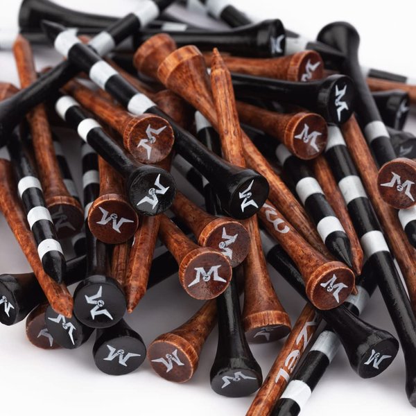 MAZEL Professional Natural Wood/Bamboo Golf Tees 2 3/4 Inch & 3 1/4 Inch,Pack 50,Reduce Friction & Side Spin, More Durable and Stable Golf Tees (Black &Brown Wood Tees)