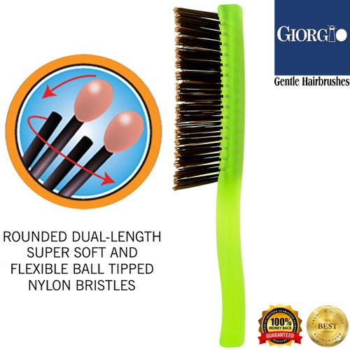 Giorgio GION2G Neon Green 6.25 inch Gentle Touch Detangler Hair Brush for Men Women & Kids. Soft Bristles for Sensitive Scalp. Wet & Dry for all Hair Types. Scalp Massager Brush Stimulate Hair Growth