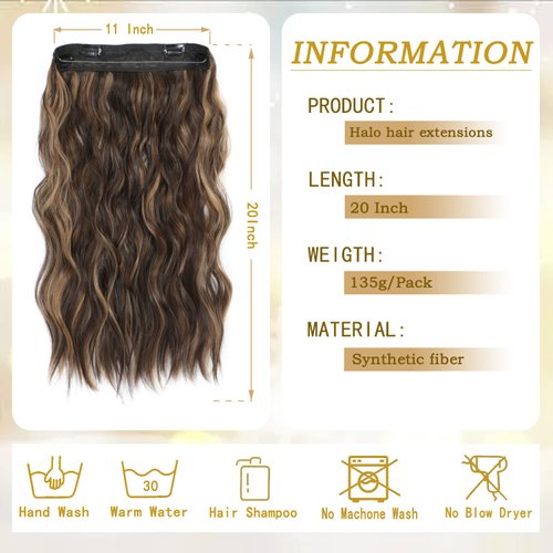 Halo Hair Extensions with Adjustable Transparent Headband Size 4 Secure Clips Long Wavy Invisible Wire Secret Hairpieces 20 Inch Honey Blonde Mixed Light Brown Hair Extensions for Women