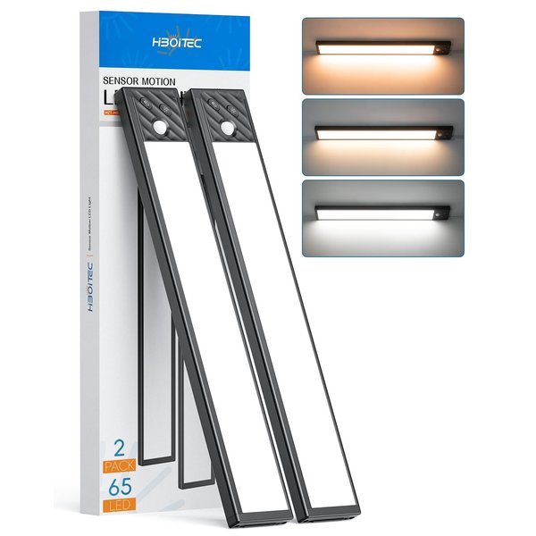 HIBOITEC 65 LED Closet Lights Motion Sensor Light Indoor DImmable Rechargeable Battery Operated Light, 3 Color Temps Under Cabinet Lighting Wireless Under Counter Lights for Kitchen, Drawers, 2 Packs