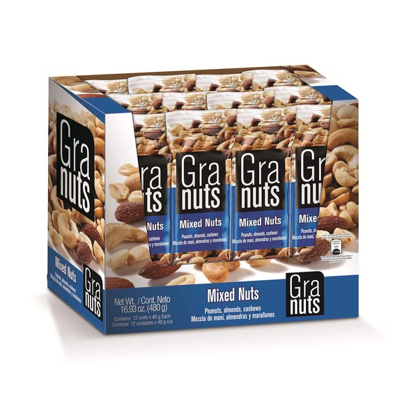 Granuts Mixed Nuts | Almonds, Peanuts & Cashews | Crunchy + Soft Textures | On-the-Go Snack | 1.41 Oz (12 Inner Packs)