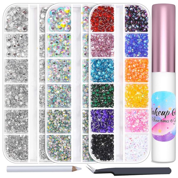 6300Pcs Face Gems with Rhinestones Glue for Makeup, Eye Gems Flat Back Rhinestones Hair Crystal Makeup Gems with Face Glue for Eye Jewels Hair Decoration Nail Art