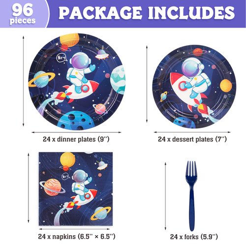 DECORLIFE Space Themed Party Supplies Serves 24, Space Birthday Decorations for Boys, Complete Pack Includes Astronaut Rocket Plates and Napkins, Forks, Total 96PCS