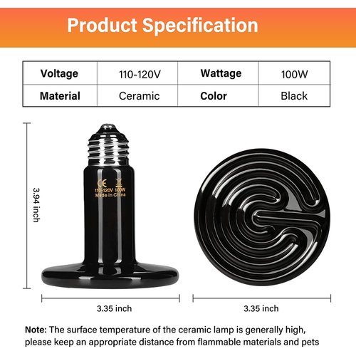 HealSmart Reptile Heat Lamp 100W 2-Pack Ceramic Heat Emitter, No Light Emitting Heat Bulbs for Amphibian Pet Brooder Coop Incubating Chicken, Lizard Bearded Dragon Turtle Snake Terrarium Black