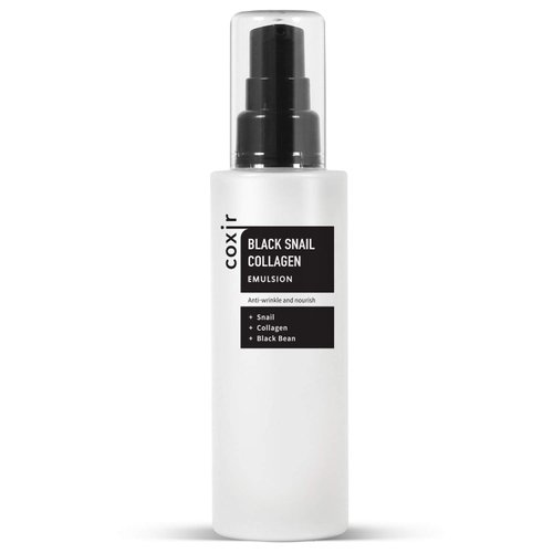 coxir BLACK SNAIL COLLAGEN EMULSION | Black-3-Complex: Black Rice, Beans, Sesame, Snail Mucin, Collagen| firms, lift l Cruelty Free, Korean Skin Care [100ml/3.38 fl.oz]