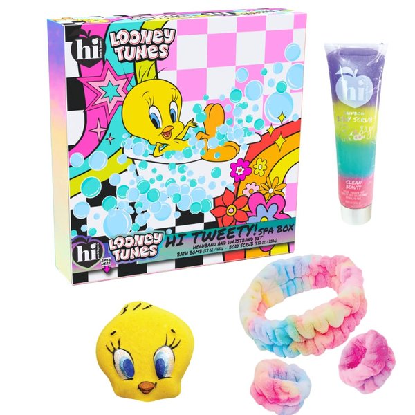Tweedy x Hi Peach Layne Bath Spa Box Gift Set, Head and Wristband Wrap Face Wash Set, Tweedy Bath Bomb (5.8oz), and Rainbow Body Scrub (8.82oz)