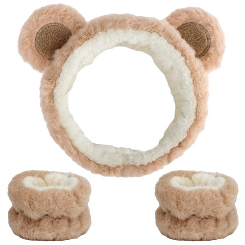 Canitor Face Wash Headband with Wrist Bands for Washing Face Soft Coral Fleece Spa Headband Makeup Headband Cute Animal Elastic Skincare Headband Wrist Towels (02-bear ears)