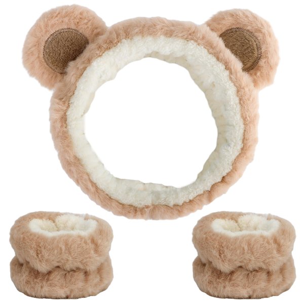 Canitor Face Wash Headband with Wrist Bands for Washing Face Soft Coral Fleece Spa Headband Makeup Headband Cute Animal Elastic Skincare Headband Wrist Towels (02-bear ears)