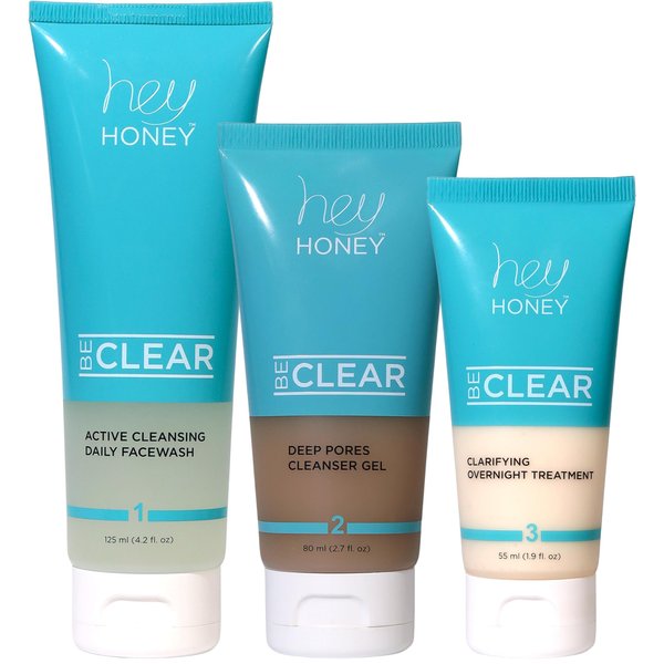 Hey Honey Skincare Be Clear 3-Step Acne Clearing Kit |Clear Face Wash, Deep Pores Cleansing, Overnight Treatment | with Propolis & Honey | Clear Blemish Skin Purifying Formulas | 3-Piece Kit