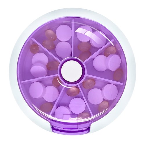 Pill Organizer Weekly,INVODA Pill Case 7 Day 3 Times Medicine Pill Dispenser,Push Button Rotate Pill Planner with 7 Compartments (Purple+Dark Grey Bag)