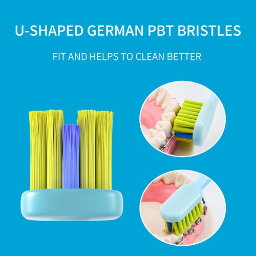 DENTSHIELD 4 Pcs Orthodontic Toothbrush for Braces U-Shaped Soft Bristle with 4 Toothbrush Head Cover（Blue+White (4 Pack)