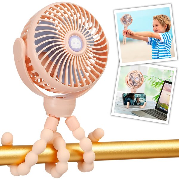 snawowo Mini Portable Baby Stroller Fan, Battery Operated Clip on Fan, Rechargeable 360° Rotate Flexible Tripod Handheld Cooling Fan for Car Seat Crib Treadmill Travel（Pink）