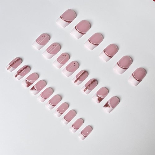 ANDGING French Tip Press on Nails White Square Short Medium Fake Nails Gel Coffin Glue Glue on Nails with Glitter Gold Line Striped Design Acrylic False Nails Manicure Stick on Nails for Wedding