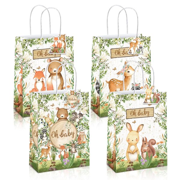 Mpanwen Woodland Goodie Bags, 16 Pcs Woodsy Forest Baby Shower Party Favor Candy Treat Gifts Bags With Handle for Baby Shower Holiday Party Decorations