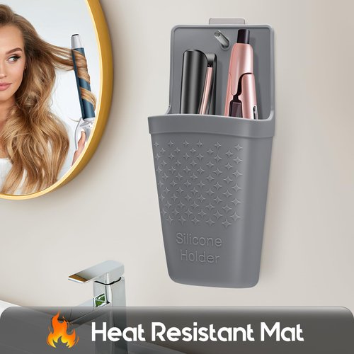 ZAKRA Curling Iron Holder,Heat Resistant Silicone Holder for Flat Iron,Hair Straightener,Hot Hair Tools,Vanity Accessories Fix with Stainless Steel Hook.(Grey)