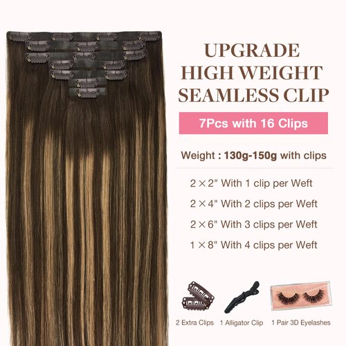 GOO GOO Clip in Hair Extensions Real Human Hair, 20inch 150g 7Pcs, 4/27/4 Balayage Chocolate Brown to Caramel Blonde, Remy Human Hair Extensions Clip ins for Women, Natural Human Hair