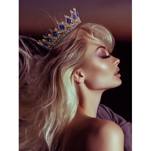 SWEETV Crystal Queen Crown for Women, Rhinestone Wedding Tiara Headband, Full Round Princess Crown Hair Accessories for Prom Birthday Costume Party, Royal Blue+Gold