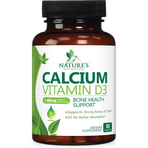 Calcium 1200 mg Plus Vitamin D3, Bone Health & Immune Support - Nature's Calcium Supplement with Extra Strength Vitamin D for Extra Strength Carbonate Absorption Dietary Supplement - 60 Tablets